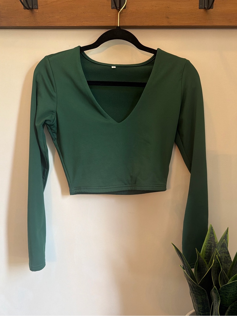 Long Sleeve V-Neck Crop Top - Deep Green, Fleece lined